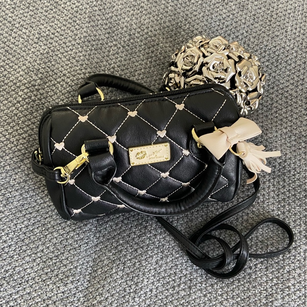 Betsey Johnson Mini Heart Quilted Bag Black and Cream Bow and Tassel